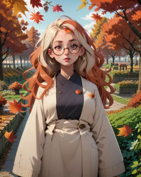 score_9, score_8_up, score_7_up, woman, standing, garden background, light red hair, ombre hair, glasses, autumn leaves <lora:Ba...