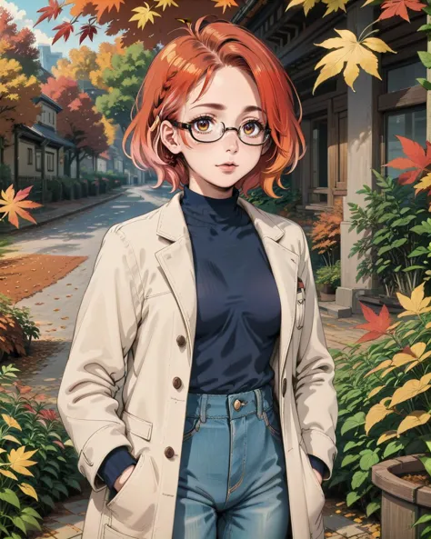 score_9, score_8_up, score_7_up, woman, standing, garden background, light red hair, ombre hair, glasses, autumn leaves <lora:OttoPony:0.8>