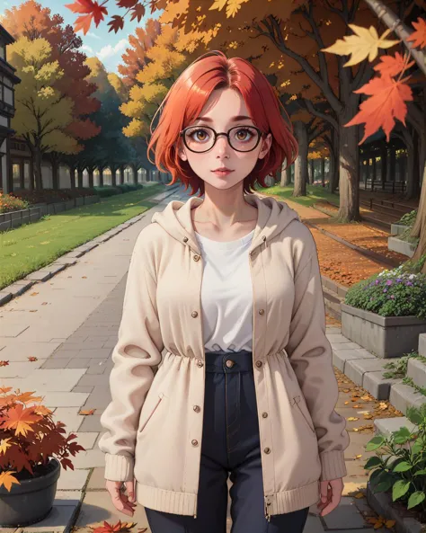 score_9, score_8_up, score_7_up, woman, standing, garden background, light red hair, ombre hair, glasses, autumn leaves <lora:Fl...