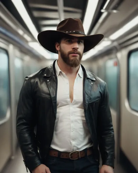 score_9,score_8_up,score_7_up, man standing in metro subway station, cowboy shot, black leather jacket, cowboy hat, beard, white...
