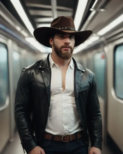 a man in a cowboy hat and leather jacket standing in a subway