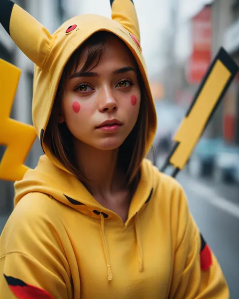 score_9, score_8_up, score_7_up, woman in yellow hoodie, pikachu ears, hood up
