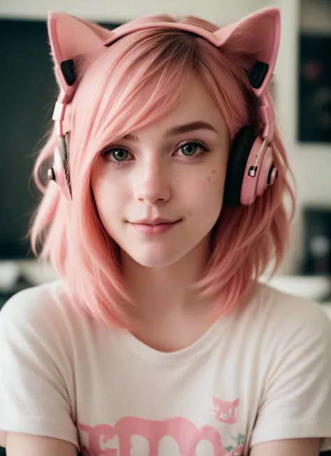 a close up of a person with pink hair wearing headphones