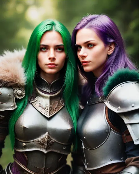 score_9,score_8_up, score_7_up, 2girls, armor, furled brow, fantasy, green hair, purple hair