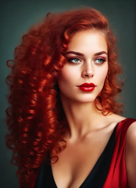 score_9,score_8_up, score_7_up, portrait of woman with red hair, facing viewer, looking to the side, red lips, curly hair, black...