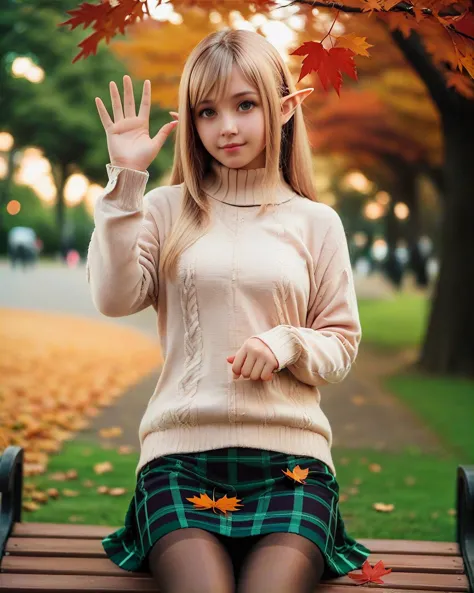 score_9,score_8_up,score_7_up, photo of elf woman, cute, waving, looking at viewer, bokeh, autumn leaves, park bench, checkered ...