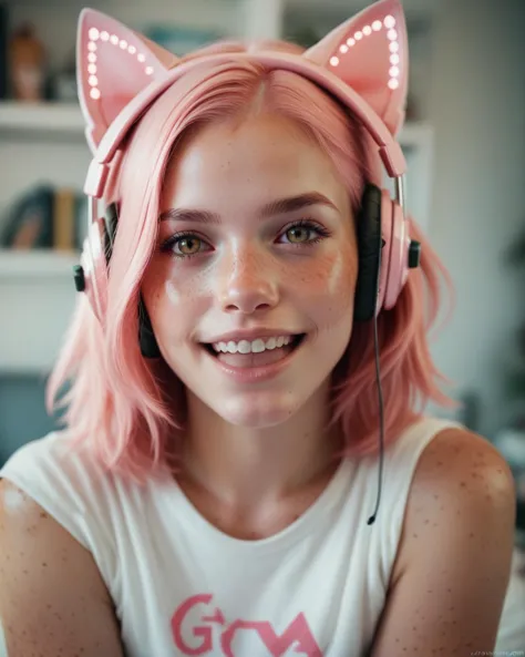 score_9,score_8_up, score_7_up, photograph of a cute gamer girl, pale skin, pink hair, medium hair, freckles, headphones, cat ea...