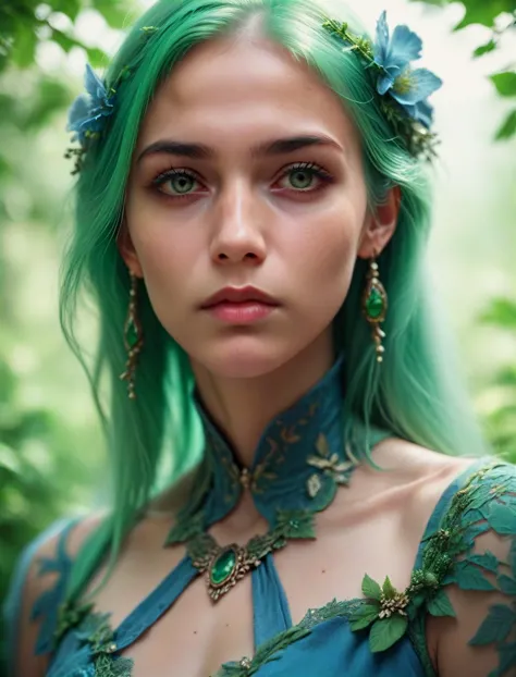 a close up of a woman with green hair and blue flowers in her hair