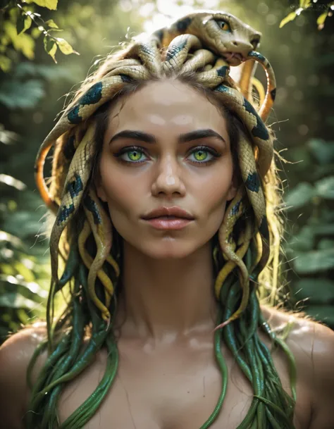 a woman with dreads and green eyes in a forest