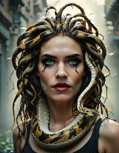 photorealistic realism style score_9, score_8_up, score_7_up, score_6_up, score_5_up, score_4_up, 1girl, Medusa gorgon, Goth girl, gothicstyle, playing with hair, goth makeup, beautiful eyes, (snakes hair:1.6) high contrast, vivid lighting, BREAK, jade green eyes, touching hair, portrait <lora:Concept Art DarkSide Style LoRA_Pony XL v6:0.8> <lora:real_dream_pony_realistic_lora_3:0.4> <lora:FF.101.juggernautXL_version6Rundiffusion.LORA:0.4> <lora:MJ52:0.5> <lora:Fant5yP0ny:0.4>, Cinematic photography, movie mood, cinematic light, compelling composition, storytelling elements, conveys emotion, mood, and narrative depth, creating visually striking images that feel like still frames from a film . lifelike, detailed, accurate, representational . highly detailed, lifelike, precise, accurate