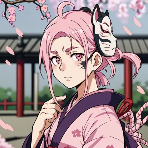blurry, rating:safe, blurry foreground, wisteria, depth of field, blurry background, mask, japanese clothes, kamado tanjirou, solo, fox mask, scar on face, kimono, scar, motion blur, photo background, outdoors, closed mouth, male focus, mask on head, tree, pink eyes, 1boy, looking at viewer, chain-link fence, frown, cherry blossoms, pink hair, haori, expressionless
