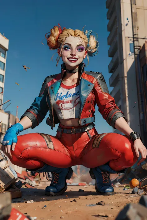 harley, blonde hair, pale skin, multicolored hair, double bun, blue eyes,makeup, fingerless gloves, cropped jacket, white shirt, red pants, belt, boots, looking at viewer, serious, grin, squatting, spreading legs, outside, rubble, city, blue sky, high quality, masterpiece, <lora:HarleySQ:.8>