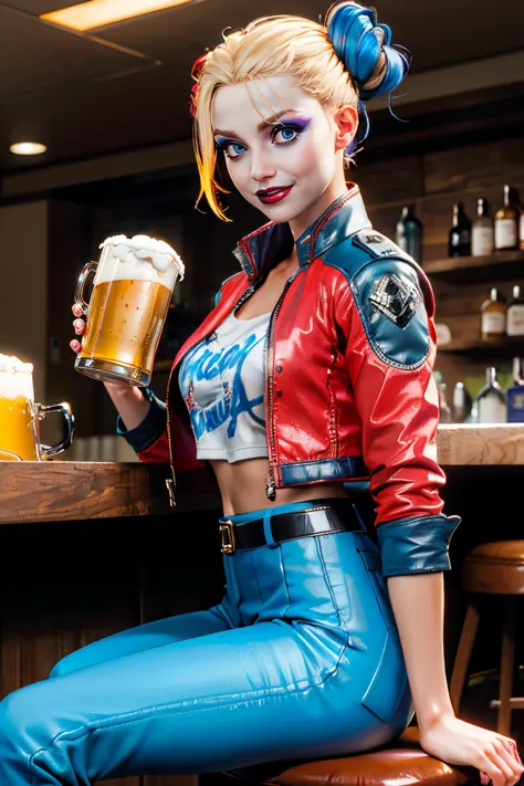 Harley, Blondes Haar, blasse Haut, mehrfarbige Haare, Doppelbrötchen, Arm Tattoo, blaue Augen,bilden, weißes Hemd, Kurze Jacke, mehrfarbige Jacke, belt, fingerlose Handschuhe,mehrfarbige Hose,Rote und blaue Hose, Betrachter betrachten, lächelnd, Sitzung, Beine überkreuzt, auf dem Stuhl, Innenbar, hält Krug Bier, Schalter, Neonbeleuchtung, gute Qualität, Meisterwerk, 