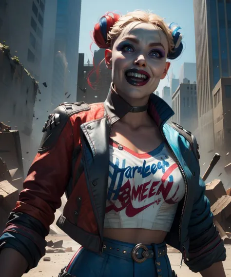 Harley,blue eyes,double bun,
shirt,multicolored cropped jacket,belt,open mouth,
light smile,
metropolis,morning,destruction,
(in...