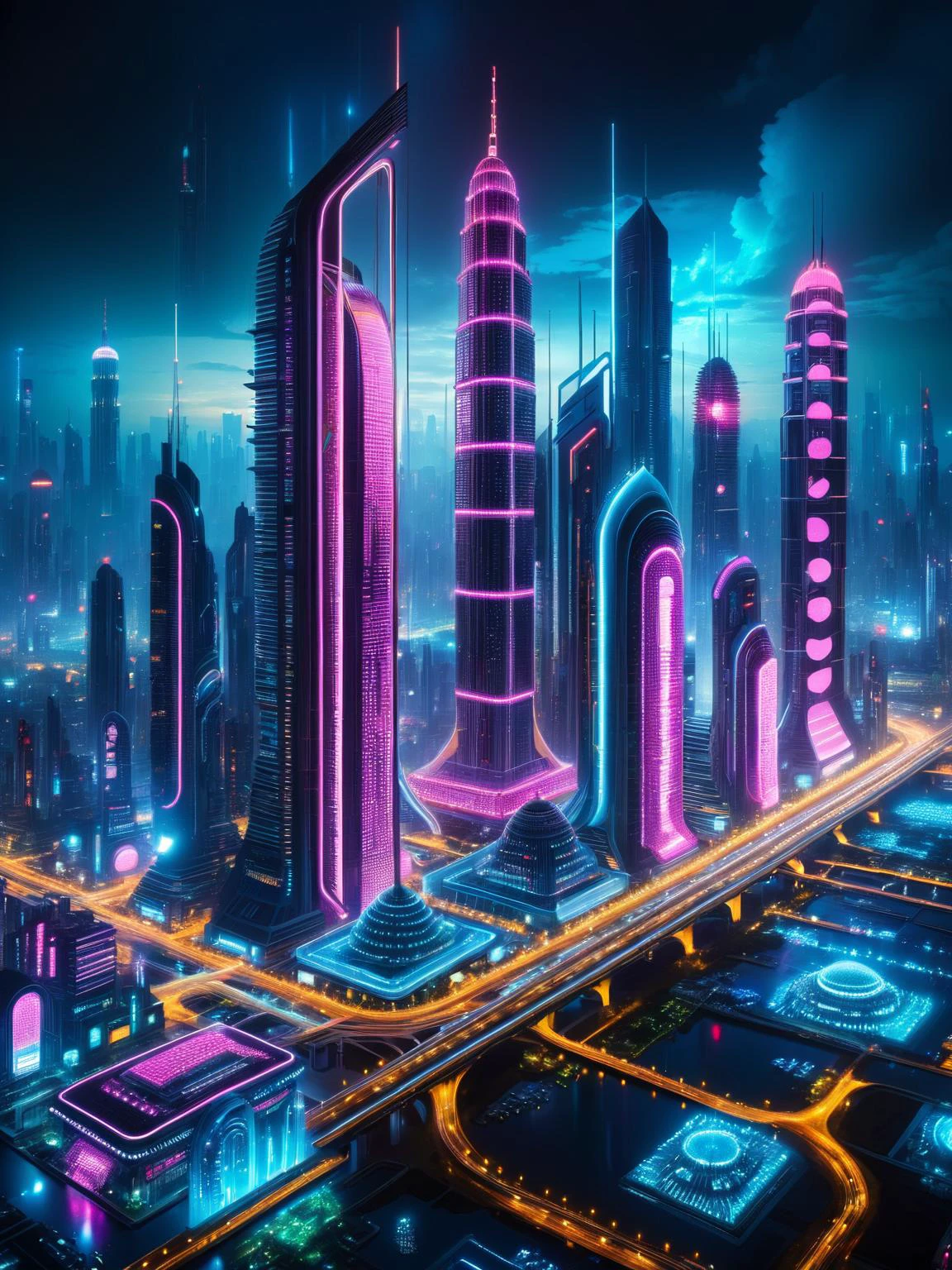 مدينة مستقبلية مضاءة ليلاً بأضواء LED نابضة بالحياة, عرض الهندسة المعمارية السريالية وجمالية السايبربانك.