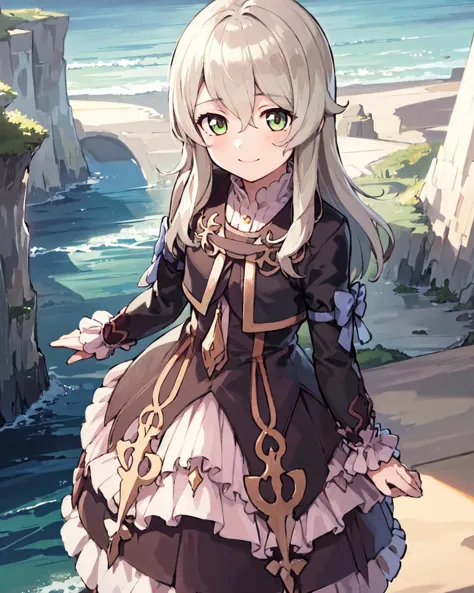 anime girl in a dress standing on a cliff overlooking the ocean