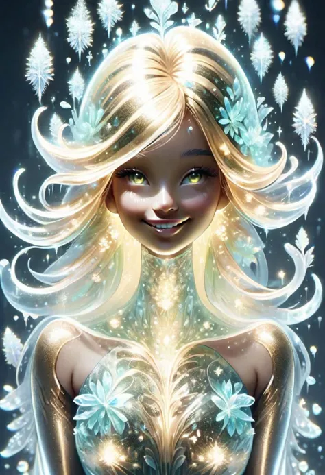 FrostedStyle, beautiful , full body, plush skin, smiling cute and happy, fantasy, subsurface scattering, perfect anatomy, glow, bloom, bioluminescent liquid, zen style, cinematic still, vibrant, volumetric light (masterpiece, top quality , best Quality, beauty and aesthetics: 1.2), (1girl), extremely detailed, gold hair, detailed eyes, light particles, lop ears Bunny girl, baby face, perfect body, five fingers, perfect hands, (spark green eyes), very long hair, (white long furry dress, Santa hat:1.5), ((christmas)) background, sparkling, stars