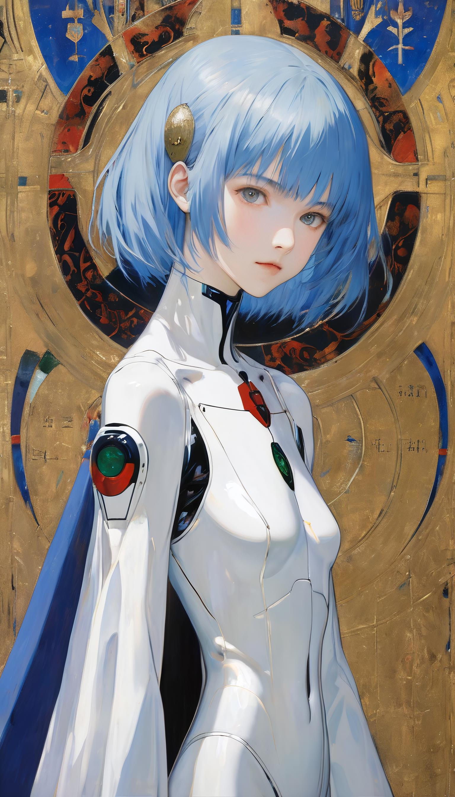 A close up of a woman with blue hair and a white suit - SeaArt AI