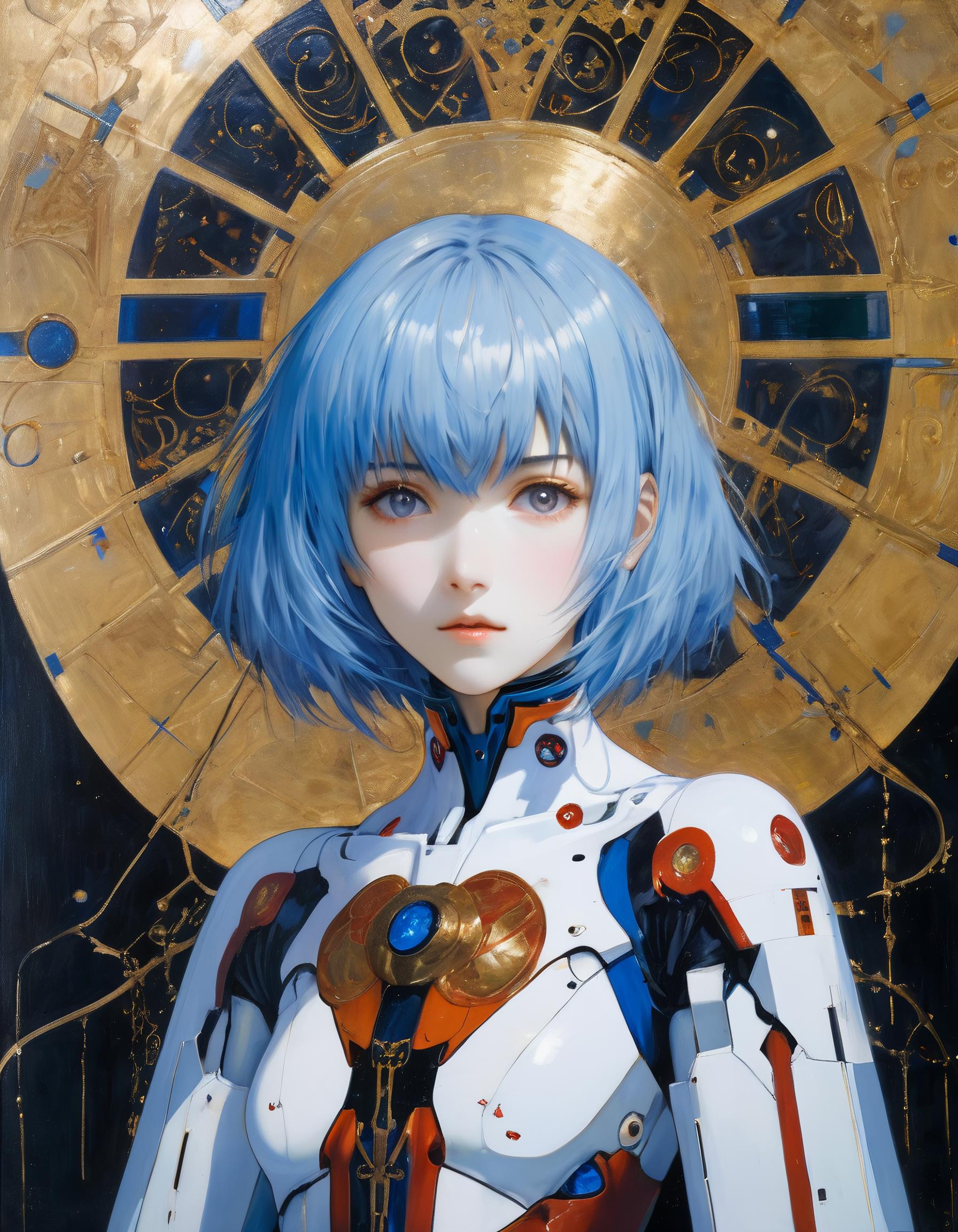 A painting of a woman with blue hair and a white suit - SeaArt AI