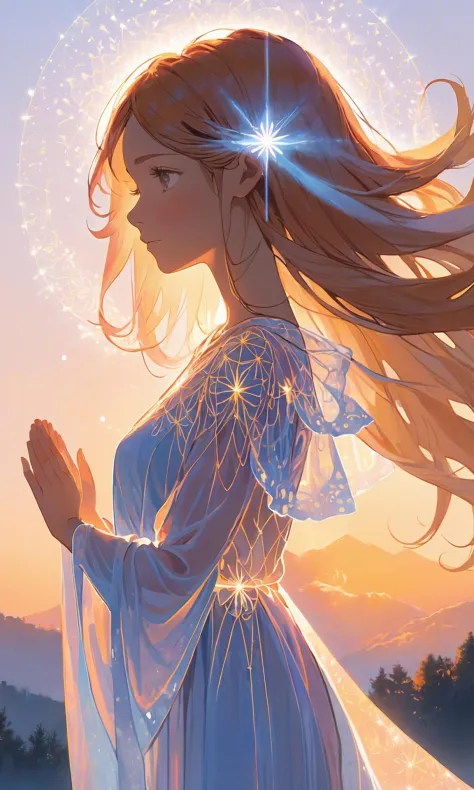 Technical illustration, Spiritual Female, at Sunrise, Simple illustration, Ethereal Lighting, telephoto lens