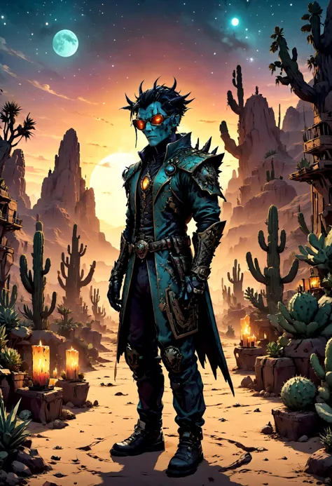 邪恶的反派 虚拟现实游戏玩家与沉浸式装备, 月光下的沙漠，背景是仙人掌的轮廓, 烛光, 彩色艺术, 清晰聚焦, 非常详细