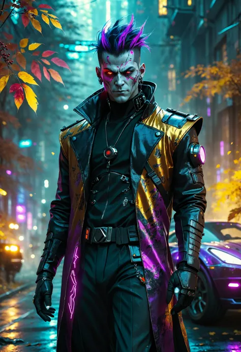 จอมวายร้ายนักแข่งรถบนถนน Cyberpunk ที่มีปฏิกิริยาตอบสนองทางประสาท, ป่าฤดูใบไม้ร่วงที่มีใบไม้หลากสีสันเป็นพื้นหลัง, รังสีแสงหนาแน่น, Dreamyvibes อาร์ตสไตล์, โฟกัสคมชัด, มีรายละเอียดสูง