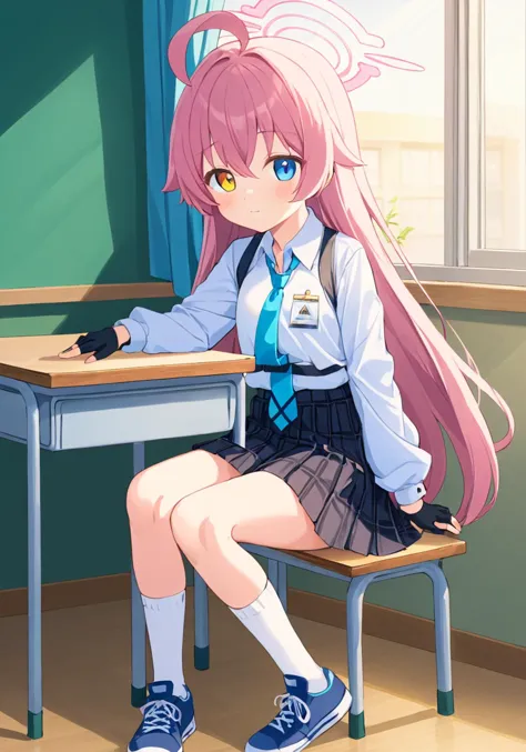 anime girl sitting at a desk with a book in her hand