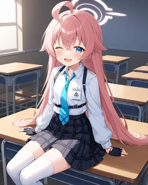 anime girl sitting on a desk in a classroom with a laptop