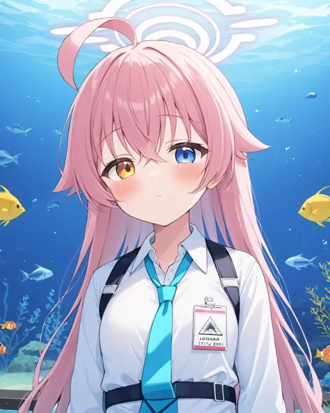 anime girl with pink hair and blue tie standing in front of a fish tank