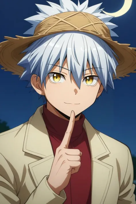 a man with white hair and a hat pointing at something