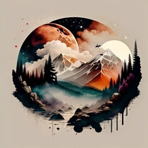 a painting of a mountain scene with a full moon and trees