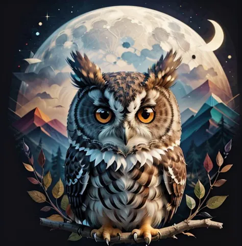 painting of an owl sitting on a branch with a full moon in the background