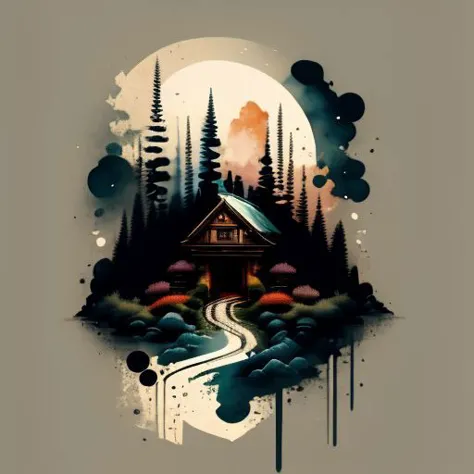 a painting of a cabin in the woods with a full moon