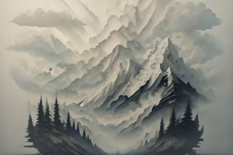 painting of a mountain scene with a lake and trees