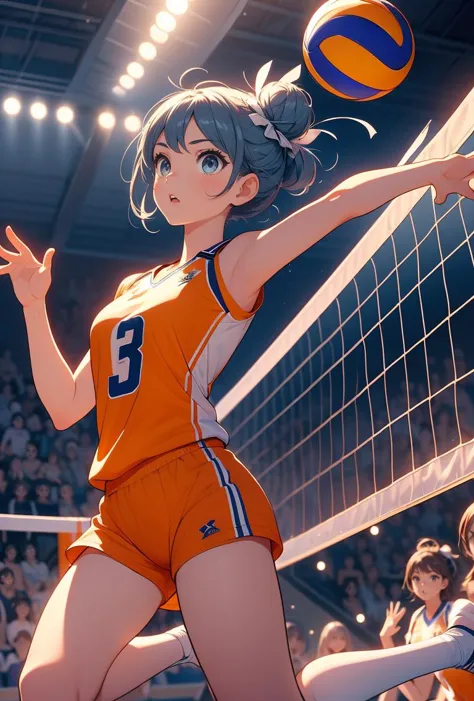 (masterpiece, best quality), 1girl,Sky blue Low Messy Bun with Headband Wrap, Size G breasts,   <lora:girllikevolleyball:0.8> volleyball, multiple girls, jumping, chest out, raise head, raise shoes, legs up, sportswear, wind,  night, crowd, stadium, cinematic light