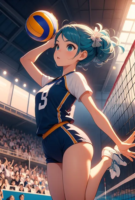 a woman in a volleyball uniform is playing volleyball in a stadium