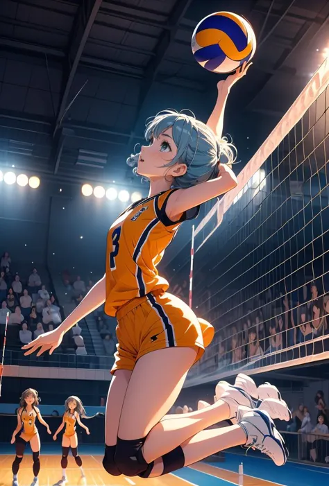 a woman jumps to hit a volleyball ball with her hands