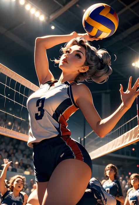 (masterpiece, best quality), 1girl,Medium gray Retro Victory Rolls, Size F breasts,   <lora:girllikevolleyball:0.8> volleyball, multiple girls, jumping, chest out, raise head, raise shoes, legs up, sportswear, wind,  night, crowd, stadium, cinematic light