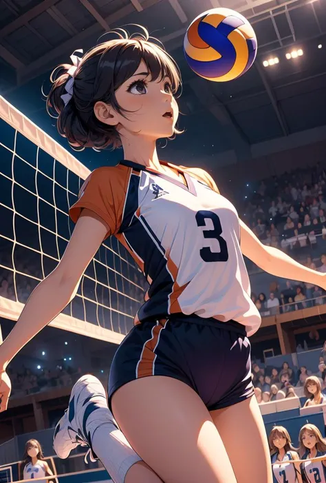 a close up of a woman hitting a volleyball ball with a volleyball net