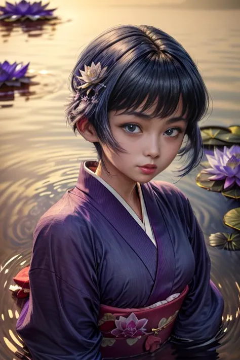 a close up of a woman in a purple dress in water with flowers