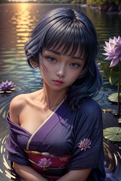 a close up of a woman in a purple dress in a body of water