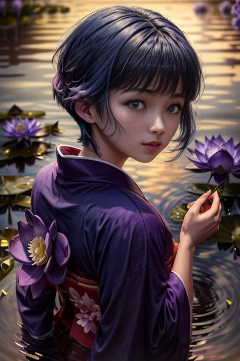 a close up of a woman in a purple kimono standing in water