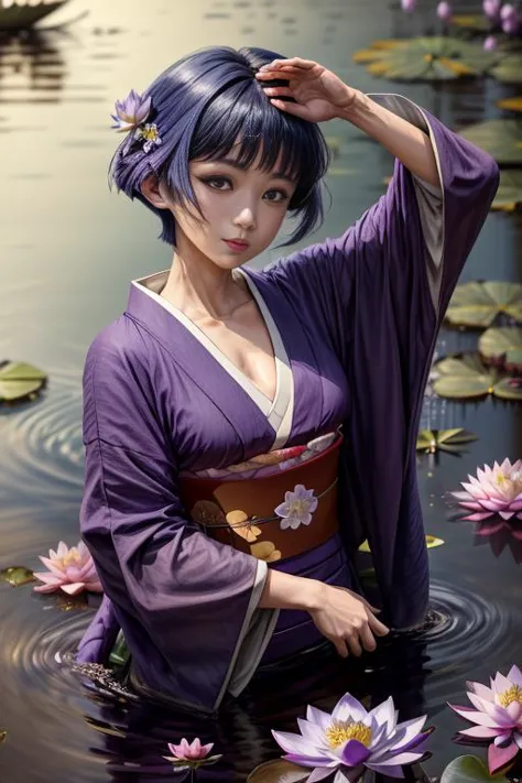 a woman in a purple kimono is sitting in a pond of water