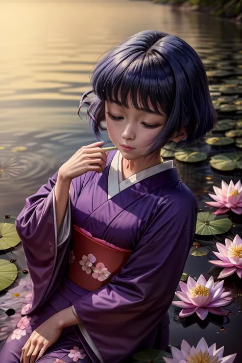 a close up of a woman in a purple kimono sitting in water