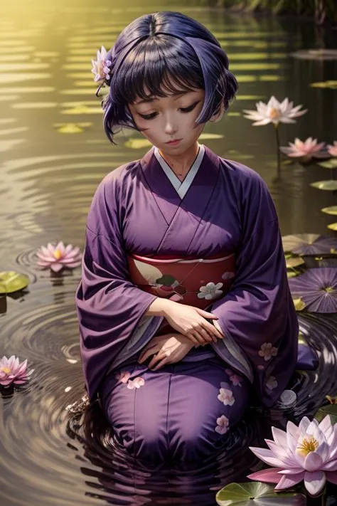 arafed woman in a purple kimono sitting in a pond of water