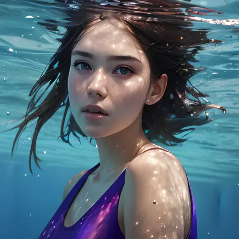 masterpiece, photo realistic, group profile of Young Woman, swimming underwater, purple top, bare shoulders, beautiful girl face...