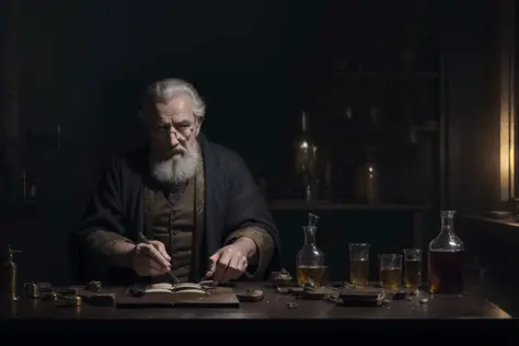 photorealistic, masterpiece, best quality, artistic composition, in an ancient alchemy laboratory, medium shot of a wise old man mixing potions showing a facial expression of intense concentration., highly detailed clothes, realistic clothing textures, abu...