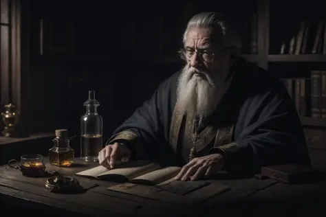 photorealistic, masterpiece, best quality, artistic composition, in an ancient alchemy laboratory, medium shot of a wise (old man) mixing potions showing a facial expression of intense concentration, highly detailed clothes, realistic clothing textures, ab...