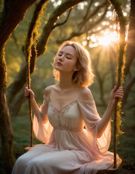 a woman in a white dress sitting on a swing in the woods