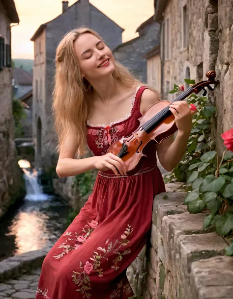 In the soft glow of twilight, against the backdrop of a quaint French village, perched upon an ancient stone wall, gazes a captivating young woman with rosy cheeks, dressed in a vintage red sundress with flowers delicately embroidered along the hem, her golden tresses cascading down her shoulders like a waterfall, caught mid-laugh as she plays a melody on a battered violin, its rich haunting notes echoing through the cobblestone streets below, casting an ethereal dreamlike quality to this black and white photograph, her eyes sparkling with mischief and joy. Rose <lora:tuywym18fbf2f77aan502:1>